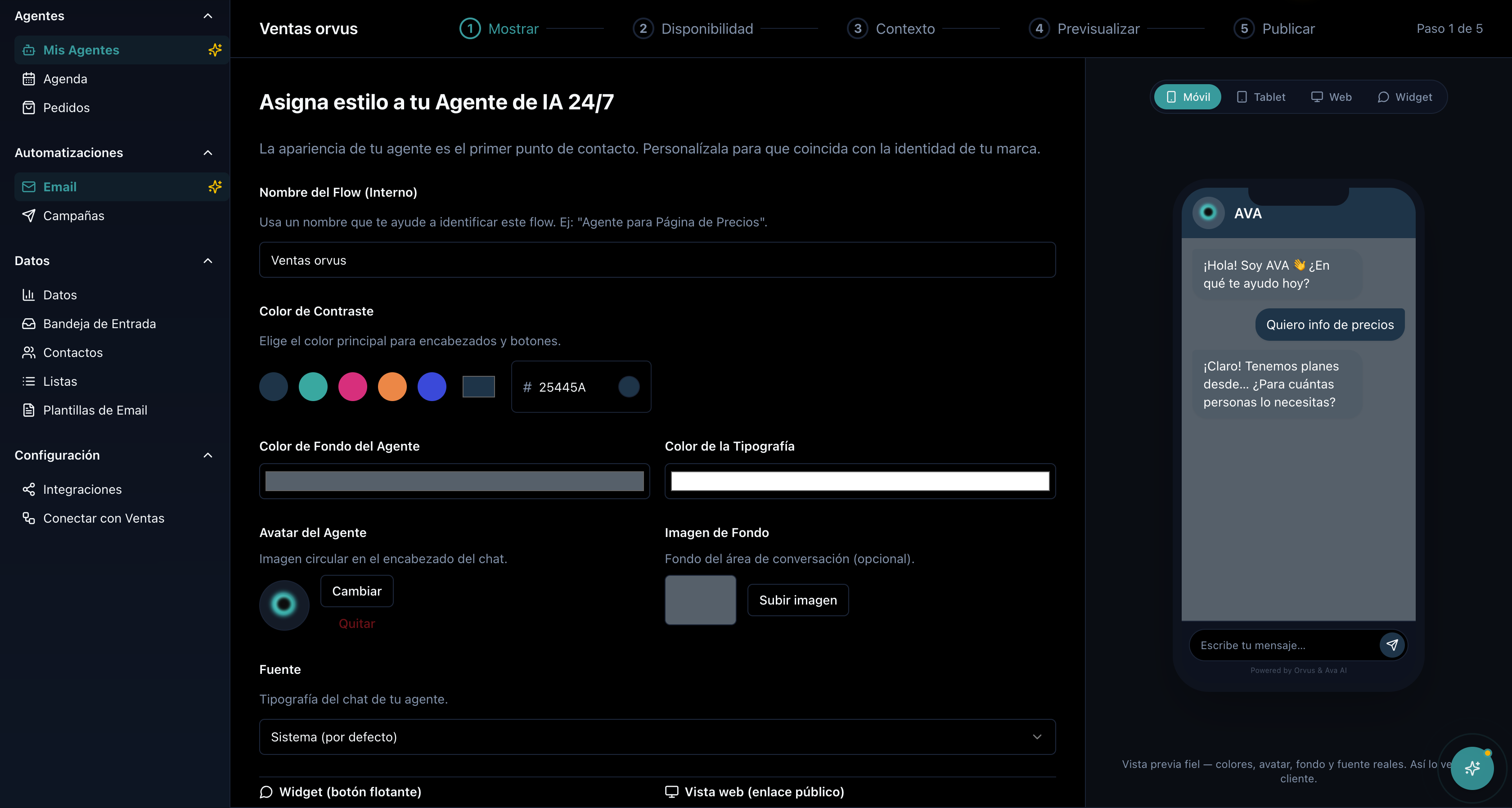 El constructor de Flows: pantallas cortas a la izquierda y la vista previa del agente a la derecha